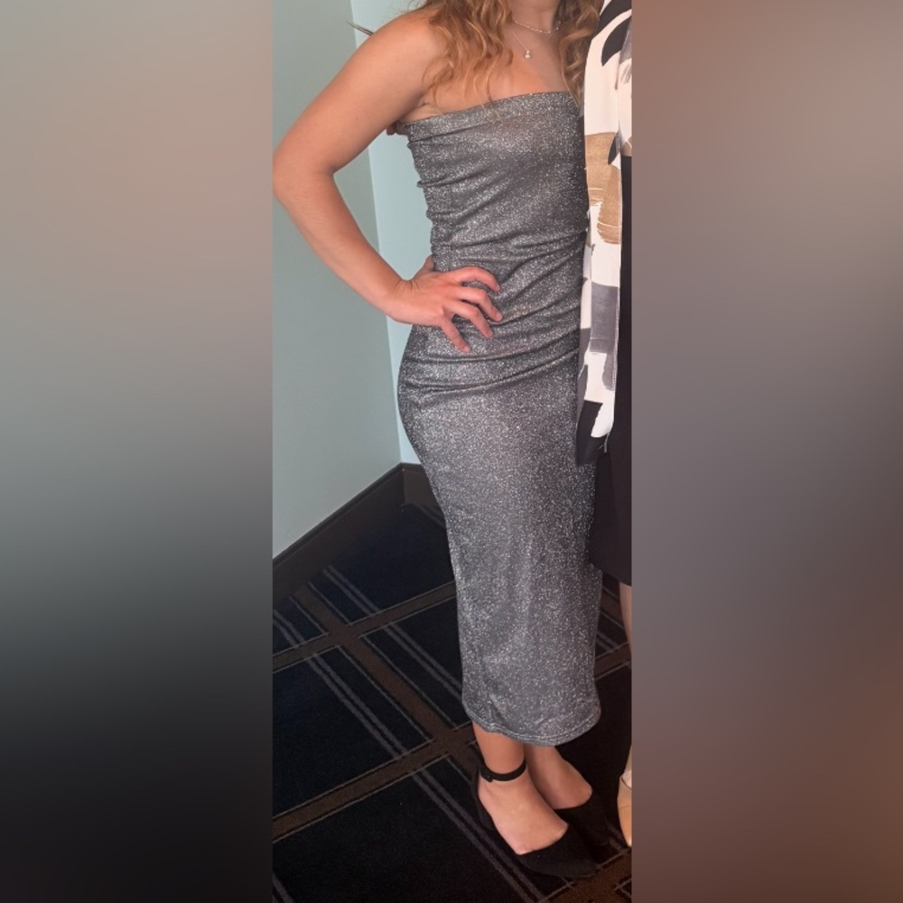 HYFVE Silver Glitter Strapless Midi Dress